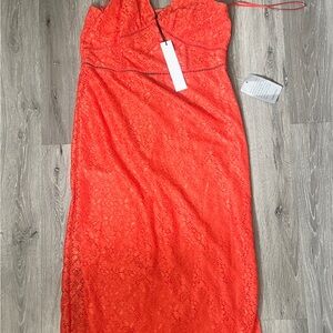 NSR Lace Fitted Midi Dress Coral M
